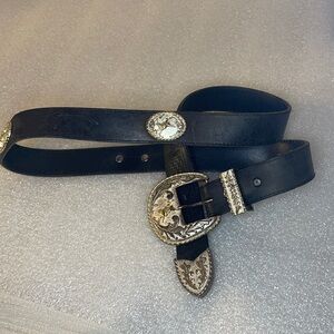 Black leather cowboy western tooled conchos silver belt 40 3D DDD